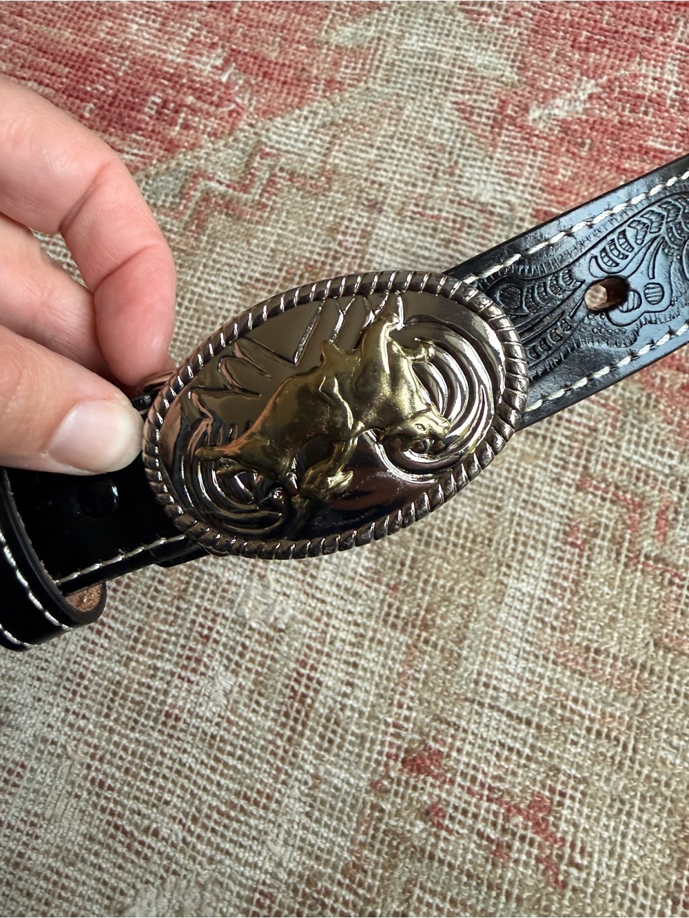 Western Bull Head Belt with Gold-Tone Oval Buckle - Black